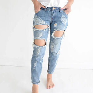 One Tea Spoon Blue "Trashed Free Birds" Extreme Distressed Straight Tapered 27